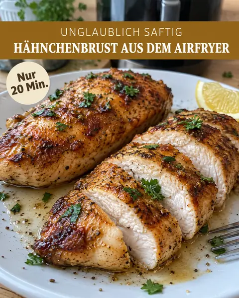Saftige, goldbraun gewürzte Hähnchenbrust aus dem Airfryer, aufgeschnitten auf einem Teller