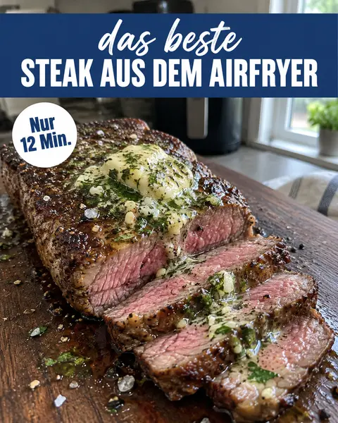 Aufgeschnittenes Steak aus dem Airfryer mit rosa Kern und schmelzender Kräuterbutter