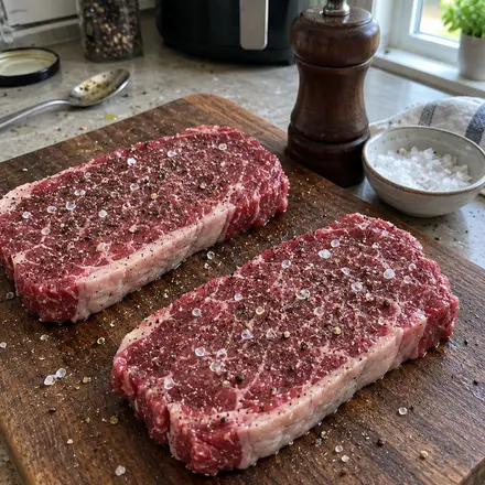 Zwei rohe, mit grobem Salz und Pfeffer gewürzte Rumpsteaks auf einem Holzbrett