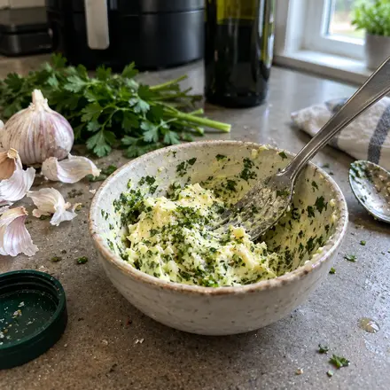 Knoblauch-Kräuterbutter in einer kleinen Schüssel, mit einer Gabel verrührt