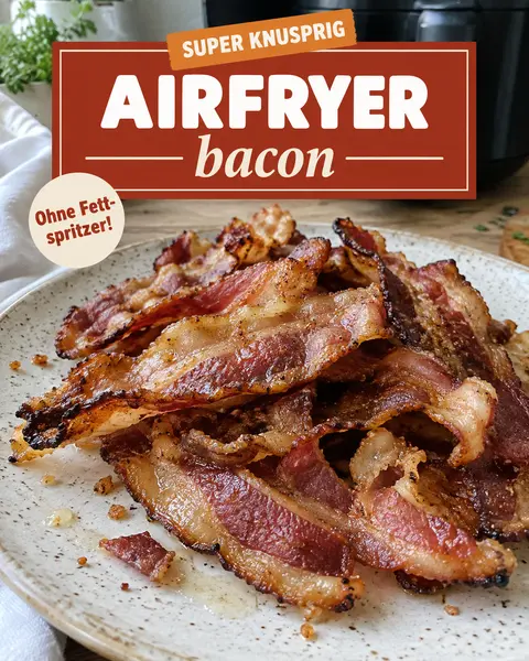 Knuspriger, goldbrauner Bacon aus dem Airfryer auf einem gesprenkelten Teller