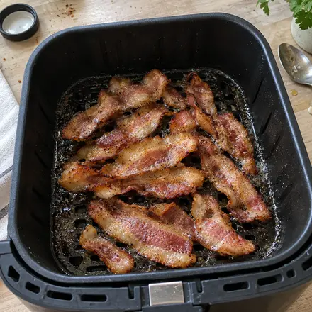 Bacon zur Hälfte gegart im Airfryer, leicht gebräunt mit ausgelassenem Fett