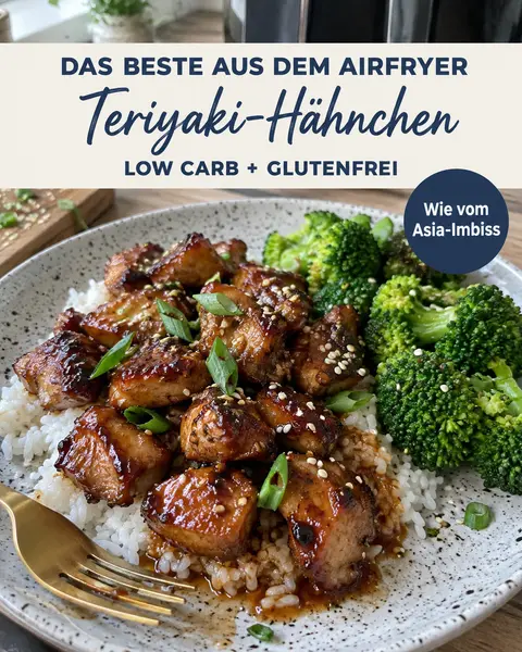Teriyaki-Hähnchen aus dem Airfryer mit Sesam und Frühlingszwiebeln auf Reis, daneben Brokkoli