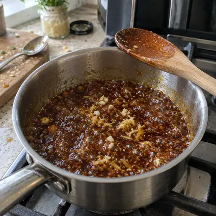 Teriyaki-Soße mit Knoblauch und Ingwer köchelt in einem kleinen Topf