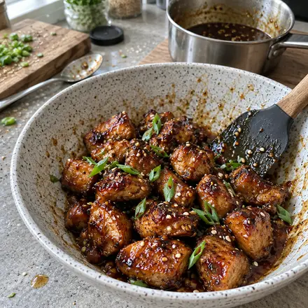 Knuspriges Hähnchen wird in einer Schüssel in der glänzenden Teriyaki-Soße geschwenkt