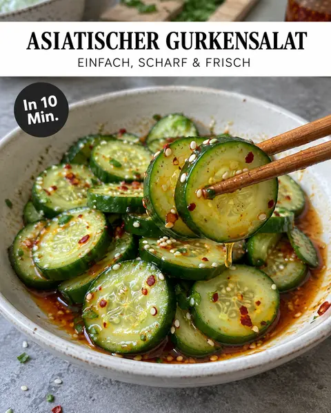 Asiatischer Gurkensalat mit Chiliöl und Sesam in einer Schale, Gurkenscheiben an Stäbchen