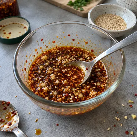 Scharfes Dressing aus Sojasauce, Chiliöl, Knoblauch und Sesam in einer Glasschüssel